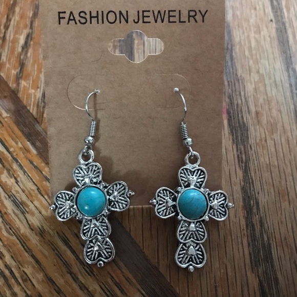 New cross earrings turquoise stone - Picture 1 of 2